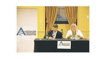 ámbito.com | El probable ministro de Economía de la Coalición Cívica en un eventual gobierno, Alfonso Prat-Gay, y Elisa Carrió anoche en una reunión con la Asociación Empresaria Argentina.