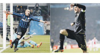 Esteban Cambiasso y su felicidad al marcar el gol. Gonzalo Higuaín y una sana costumbre de hacer goles.