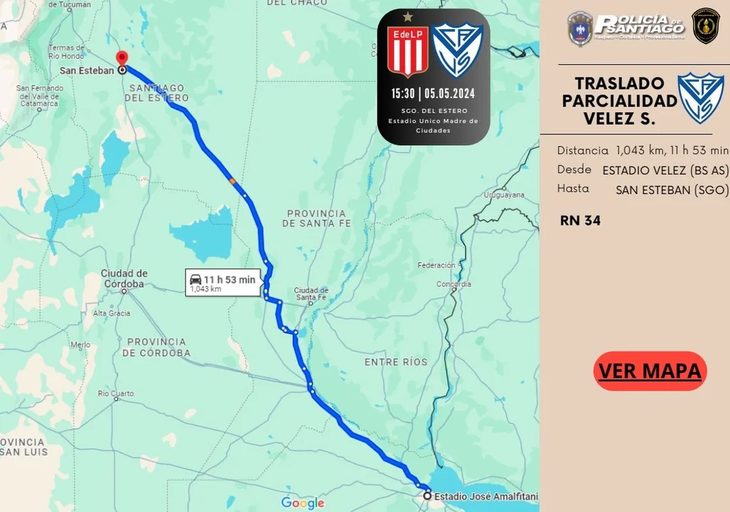 Los simpatizantes de Vélez deberán viajar por la Ruta Nacional 34 para llegar hasta Santiago del Estero. Los simpatizantes de Vélez deberán viajar por la Ruta Nacional 34 para llegar hasta Santiago del Estero.
