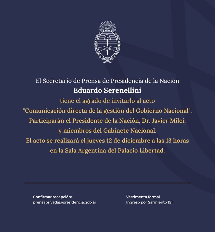 La invitación al acto que organiza Eduardo Serenellini.