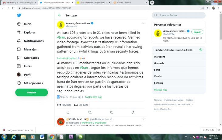 Acusan al régimen iraní de asesinar a más de cien manifestantes