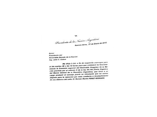 Caso Redrado: Cristina le envió a Cobos la nota para que convoque a la Bicameral.
