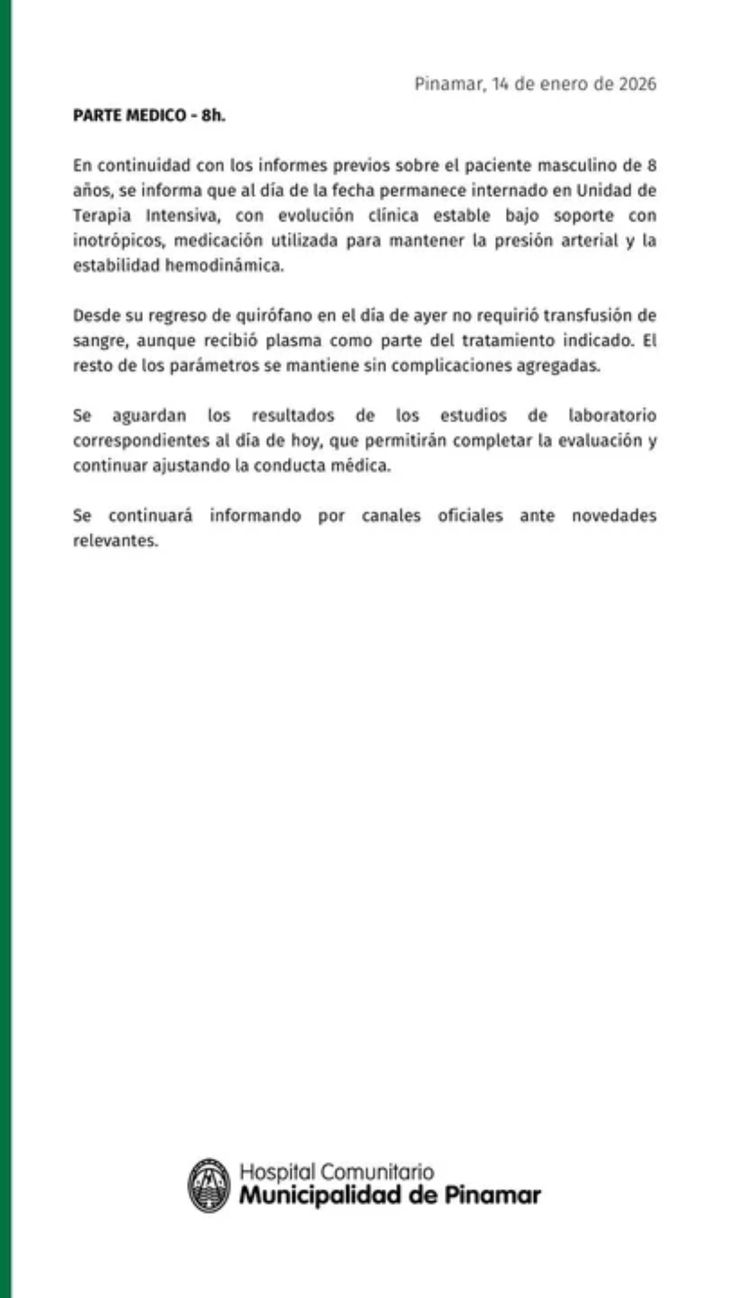 El último parte médico llevó alivio en medio de la preocupación generada por la gravedad inicial del caso. El último parte médico llevó alivio en medio de la preocupación generada por la gravedad inicial del caso.