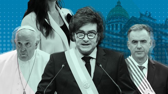 El presidente Javier Milei, el papa Francisco y el flamante mandatario uruguayo, Yamandú Orsi.&nbsp;