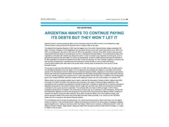 La solicitada que publicó el Gobierno en la edición del sábado del Wall Street Journal.