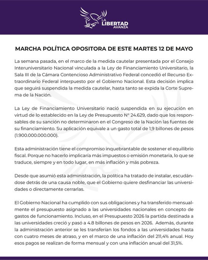 El comunicado oficial de LLA contra la Marcha Federal Universitaria. El comunicado oficial de LLA contra la Marcha Federal Universitaria.