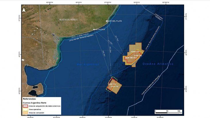 El informe medioambiental de Equinor al que accedió Ámbito informó la ubicación de las Áreas de Exploración CAN_100, CAN_108 y CAN_114. En rojo se muestran las áreas donde se registrarán datos sísmicos y en amarillo las áreas operativas que incluyen los giros del buque sísmico.