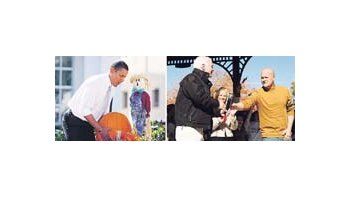 Barack Obama, mientras, se mostró tranquilo preparándose para Halloween (izquierda). John McCain siguió ayer haciendo campaña con Joe el plomero, a quien convirtió en un símbolo de los que se oponen a un gobierno que suba los impuestos (derecha).