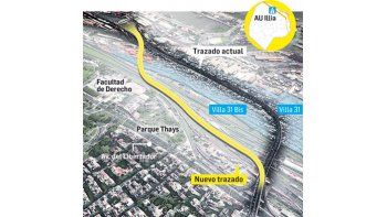 Desvío. La nueva traza de la autopista Illia dejará una franja de 1,3 km para parque, como parte del proyecto de urbanización de la Villa 31.