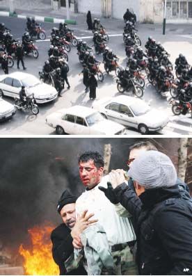 La dictadura activó todas las fuerzas represivas. A la Policía convencional se sumaron las milicias Basij, que responden a los clérigos. Aunque rige una férrea censura, se pudo saber que hubo 10 muertos. A la izquierda, un policía de la teocracia es asistido tras ser agredido por opositores.