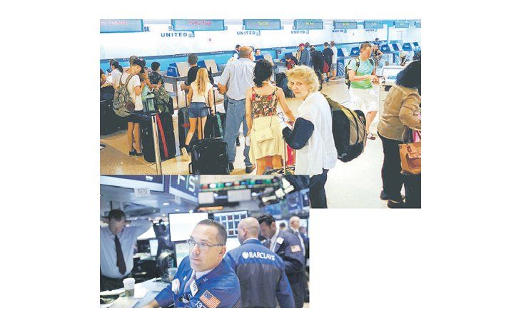 Pasajeros de United Airlines y agentes de la Bolsa de Nueva York, sorprendidos tras las caídas de sus sistemas informáticos.