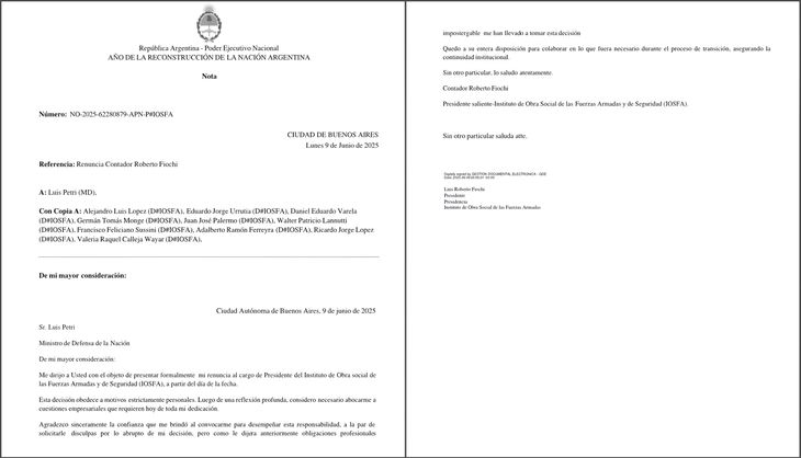 La carta de renuncia presentada por Roberto Fiochi. La carta de renuncia presentada por Roberto Fiochi.