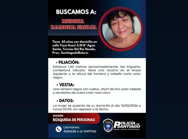 Medina fue vista por última vez el domingo a la noche cuando se dirigía al corso de Termas de Río Hondo. Medina fue vista por última vez el domingo a la noche cuando se dirigía al corso de Termas de Río Hondo.