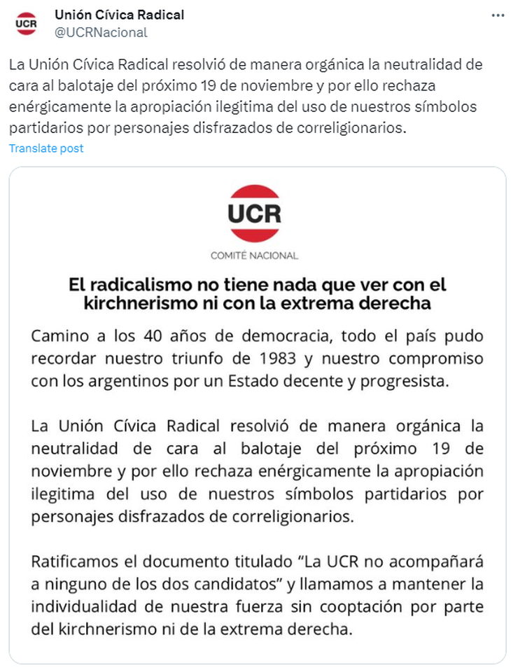 El tuit del Comité Nacional de la UCR, publicado esta tarde.