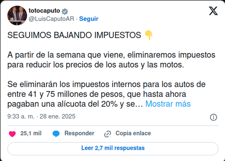 El ministro de Economía Luis Caputo explicó que los autos con precios entre $41 y $75 millones verán una baja del 20%, mientras que los de más de $75 millones tendrán una reducción del 35% al 18%. El ministro de Economía Luis Caputo explicó que los autos con precios entre $41 y $75 millones verán una baja del 20%, mientras que los de más de $75 millones tendrán una reducción del 35% al 18%.