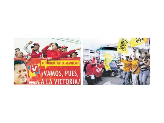 Ante el reto que le impone una oposición más activa que nunca, Hugo Chávez le ha puesto el cuerpo a la campaña para las elecciones legislativas (izquierda). Militantes de ambos polos políticos se disputan los votos de los últimos indecisos (derecha).