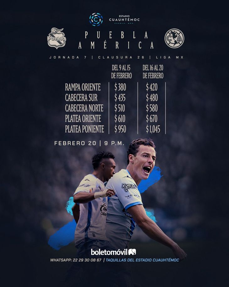 El Club Puebla publicó en sus redes los valores de los boletos para el partido ante el América, por la Jornada 7 del Torneo Clausura 2026. El Club Puebla publicó en sus redes los valores de los boletos para el partido ante el América, por la Jornada 7 del Torneo Clausura 2026.