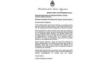 En la carta que le envió Cristina de Kirchner a la gobernadora santiagueña explicó que suspendió el viaje por razones de fuerza mayor.