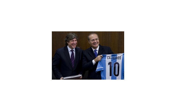 El titular del Senado, Amado Boudou y  su par de Brasil Renan Calheiros.