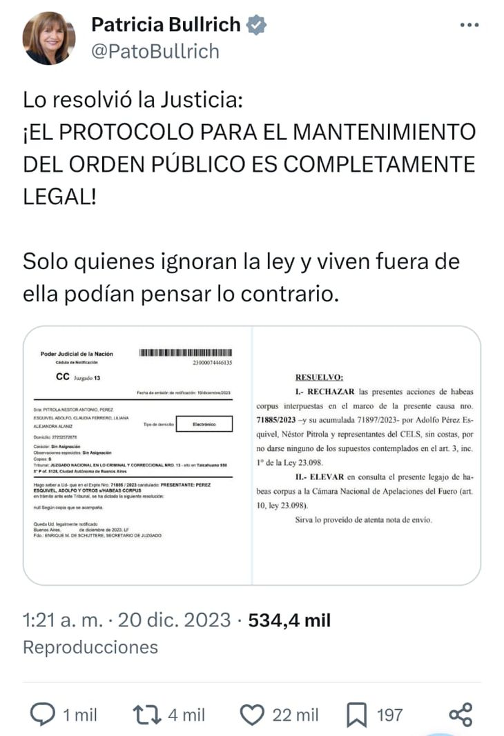 Patricia Bullrich celebró la decisión de la justicia a través de sus redes sociales. Patricia Bullrich celebró la decisión de la justicia a través de sus redes sociales.