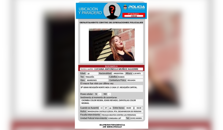 El gobierno de Neuquén hizo hincapié en que si veían a alguien de estas características llamaran al 0299-4460891. El gobierno de Neuquén hizo hincapié en que si veían a alguien de estas características llamaran al 0299-4460891.