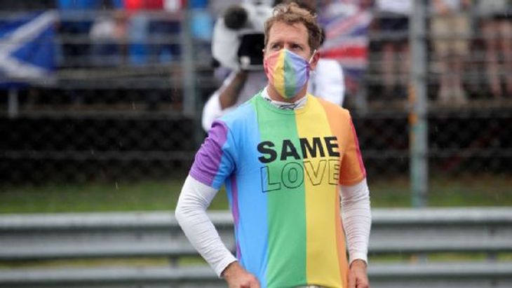 Sebastian Vettel supported Pride by wearing rainbow-themed clothing and putting a rainbow on his helmet and racing boots at the 2022 Hungarian Grand Prix. Sebastian Vettel supported Pride by wearing rainbow-themed clothing and putting a rainbow on his helmet and racing boots at the 2022 Hungarian Grand Prix.