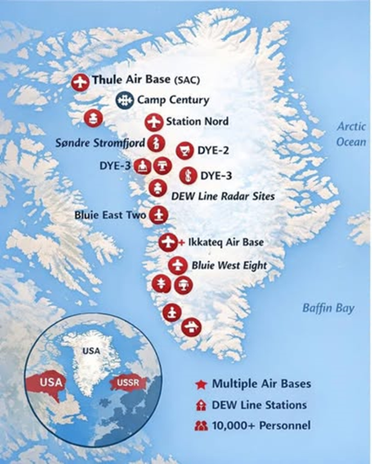 Mapa de las bases norteamericanas en Groenlandia durante la Guerra Fría (hay cuatro bases en la costa este, que no figuran en este mapa) Mapa de las bases norteamericanas en Groenlandia durante la Guerra Fría (hay cuatro bases en la costa este, que no figuran en este mapa)
