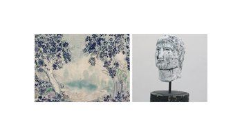 A la izquierda, la pintura «Paysage blue», un viaje de Grondona al pasado impresionista. A la derecha una escultura en la que el artista se las ingenia para superar la mera percepción visual, para remitir al espectador al mundo de las ideas.