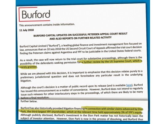 comunicado. Burford les anunció a sus socios la compra de parte de la causa de Eton y el casi seguro rechazo al país de la Corte Suprema.