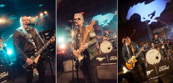 Fernando Ruiz Diaz en plena acción cantando La Piel del Camino; Juanse tocando Mustang Roll, el tema que le dedicó al Mustang, y Pato Sardelli y Catriel Ciavarella a pura potencia en la version del hit Huracán de Airbag.