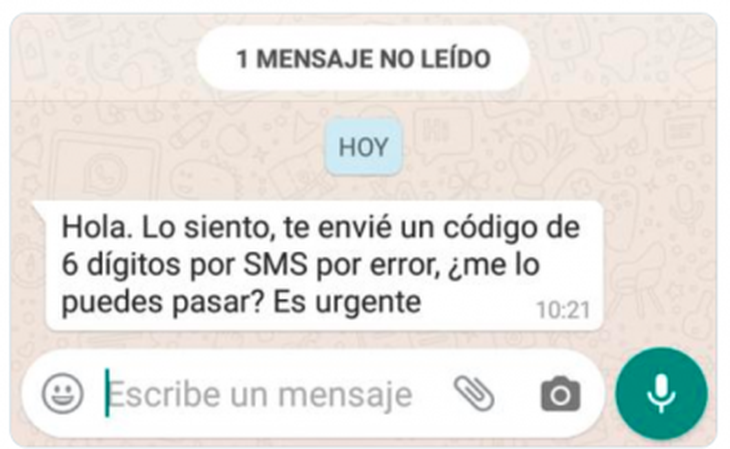 Un ejemplo de los mensajes que utilizan los estafadores para obtener el código. Un ejemplo de los mensajes que utilizan los estafadores para obtener el código.
