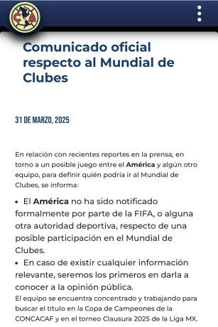 El comunicado oficial emitido por el Club América saliendo al cruce de las versiones que indican un supuesto partido con LAFC, clasifitario para el Mundial de Clubes. El comunicado oficial emitido por el Club América saliendo al cruce de las versiones que indican un supuesto partido con LAFC, clasifitario para el Mundial de Clubes.