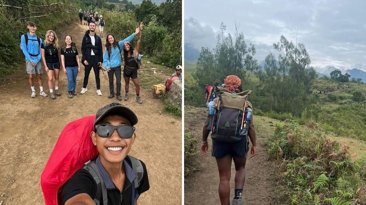 Marins junto al grupo que estaba haciendo la travesía por el volcán. 