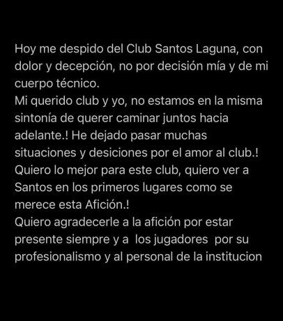 El corto y emotivo posteo de Fernando Ortiz en su cuenta de X despidiéndose y agradeciendo a la afición y jugadores de Santos Laguna. Sin embargo, el Tano deja en claro que los directivos fueron los que tomaron la determinación de despedirlo. El corto y emotivo posteo de Fernando Ortiz en su cuenta de X despidiéndose y agradeciendo a la afición y jugadores de Santos Laguna. Sin embargo, el Tano deja en claro que los directivos fueron los que tomaron la determinación de despedirlo.