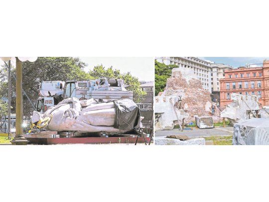 El monumento a Cristóbal Colón, en la plaza del mismo nombre que conforma ahora los jardines de la Casa Rosada, ya está casi totalmente desmontado para su traslado. Un acuerdo con el Gobierno porteño permitirá la mudanza dentro de la Ciudad de Buenos Aires y que el distrito lo conserve como parte de su patrimonio.