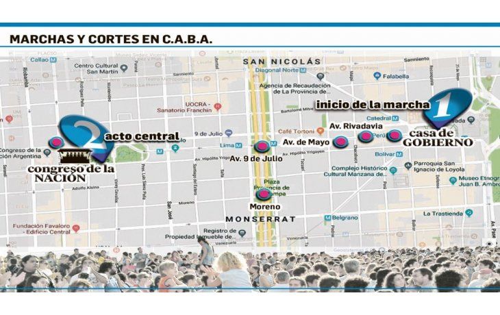 Marcha y cortes. El acto principal será a las 17.30 frente al Congreso, previa marcha desde la Plaza de Mayo. Desde el mediodía habrá concentraciones y cortes en distintos puntos del centro, que afectarán el tránsito.
