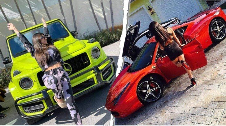 Mia Khalifa con dos de sus distintivos autos.