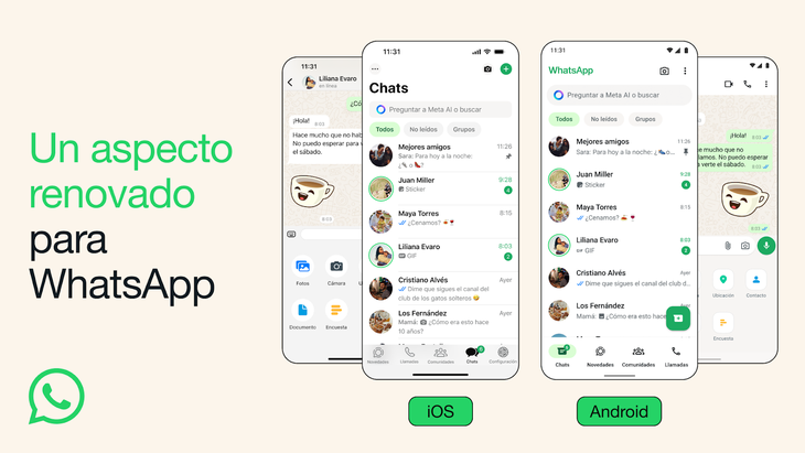 Nueva interfaz de usuario para iOS y Android en WhatsApp.