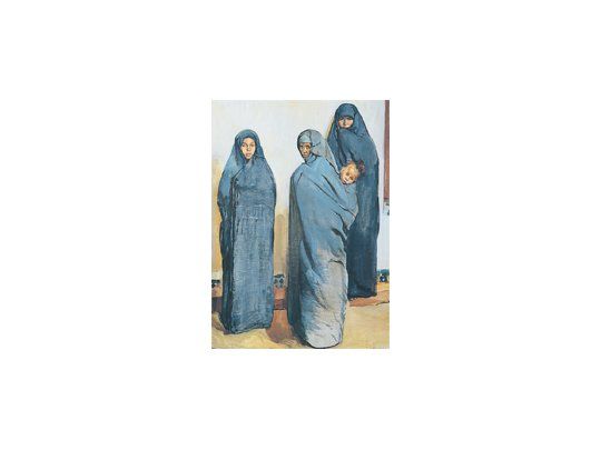 “Mujeres Azules de Tafilalet” (1931), de Antonio Ortiz Echagüe, no apela a los empastes sino al raspado de la superficie del lienzo.