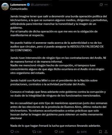En su perfil de X, Lule Menem asegura que las denuncias en su contra son fruto de una operación política del kirchnerismo. 