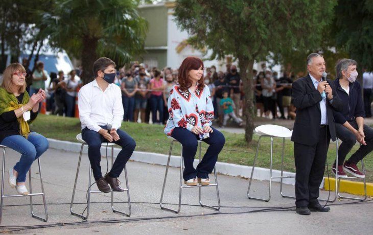 Recuerdo. Axel Kicillof, Cristina de Kirchner, Alberto Gelené y Máximo Kirchner en el acto por el Día de la Memoria en Las Flores.&nbsp;