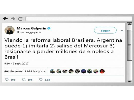 Polémica. Este es el tuit en el que Marcos Galperín consideró como crítica la situación laboral en el país. Indicó que si no hay una reforma, la Argentina puede perder “millones de empleos” con Brasil por las mejores condiciones que ofrece el país vecino.
