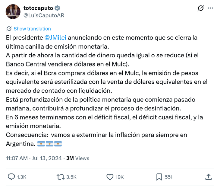 El gobierno anunció de manera oficial que en julio del 2024 dejaba de emitir dinero. Esto significaba que entre diciembre de 2025 y julio de 2026 la inflación argentina debía estar eliminada. El gobierno anunció de manera oficial que en julio del 2024 dejaba de emitir dinero. Esto significaba que entre diciembre de 2025 y julio de 2026 la inflación argentina debía estar eliminada.