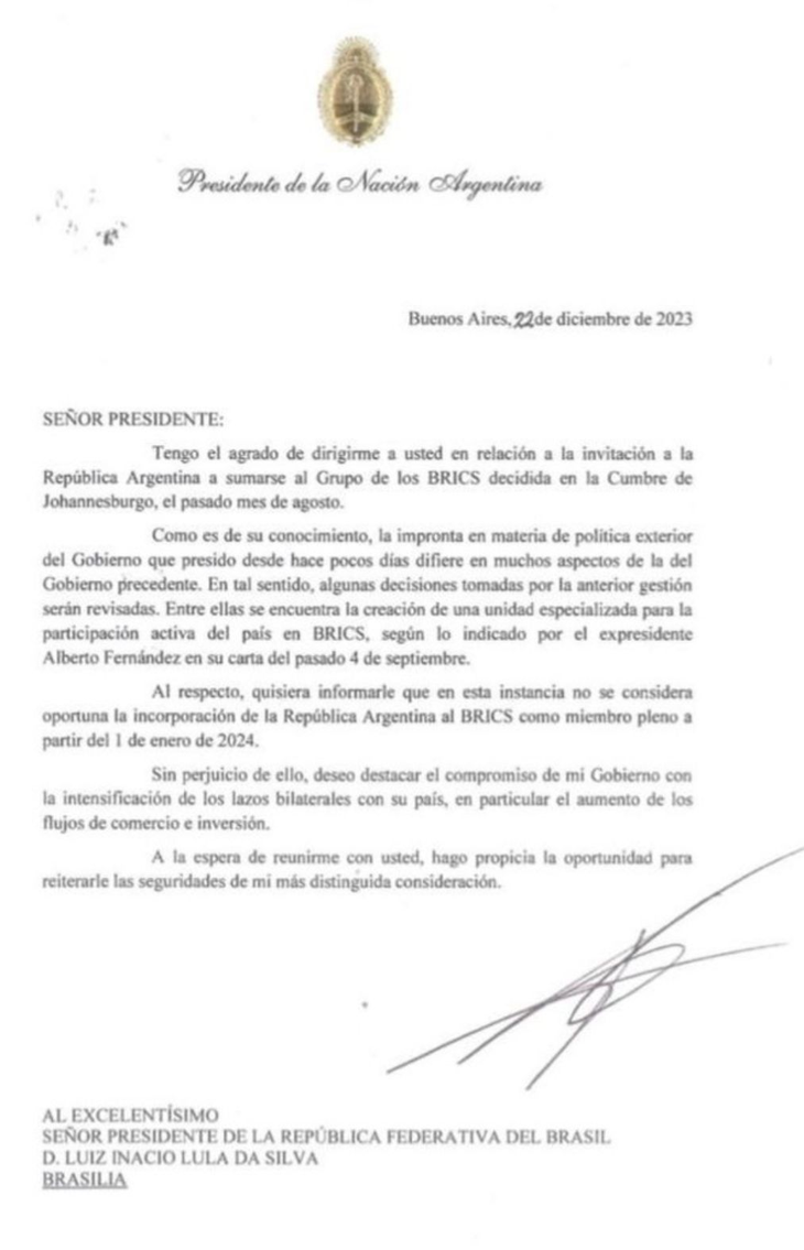 Javier Milei comunicó por carta que Argentina renuncia a los Brics imagen-2