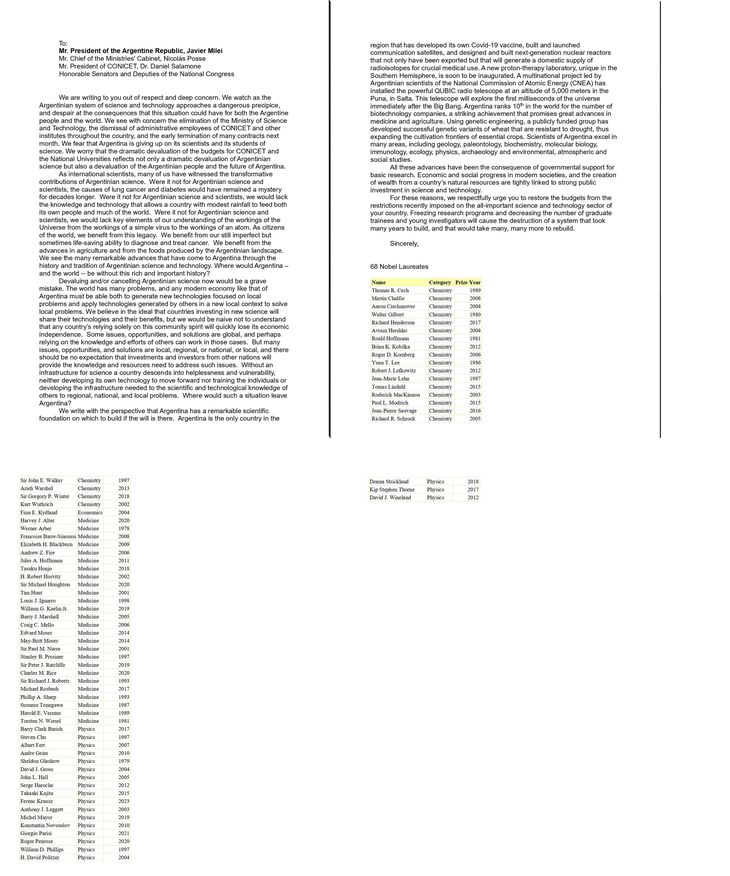 Carta de 68 premios nobel al presidente argentino, solicitándole no reduzca la inversión del país en ciencia. La relación de Javier Milei con los premios Nobel no ha sido buena, y esto es un escollo para alcanzar el premio. Carta de 68 premios nobel al presidente argentino, solicitándole no reduzca la inversión del país en ciencia. La relación de Javier Milei con los premios Nobel no ha sido buena, y esto es un escollo para alcanzar el premio.