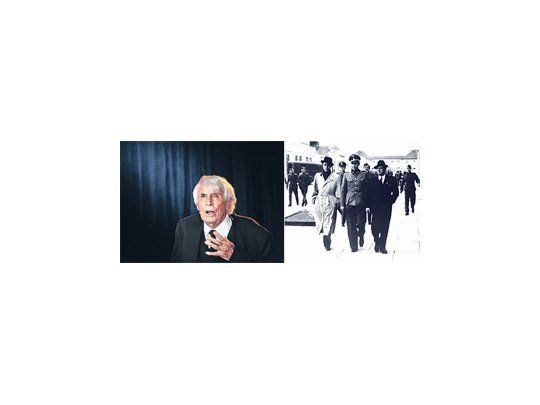 Johannes Heesters estaba ciego y tenía 108 años, pero seguía actuando. Ingresó en 1997 en el Guinness como el cantante en actividad más anciano. Arriba, la foto de la infamia: la visita al campo de Dachau en 1941 (Heesters es el de la izquierda).