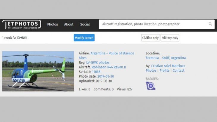 El helicóptero matrícula LV-GWK partió desde Formosa hacia el Aeropuerto Internacional Silvio Pettirossi (Asunción).