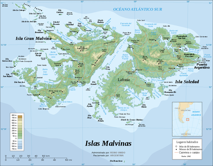 Mapa físico político de las Islas Malvinas