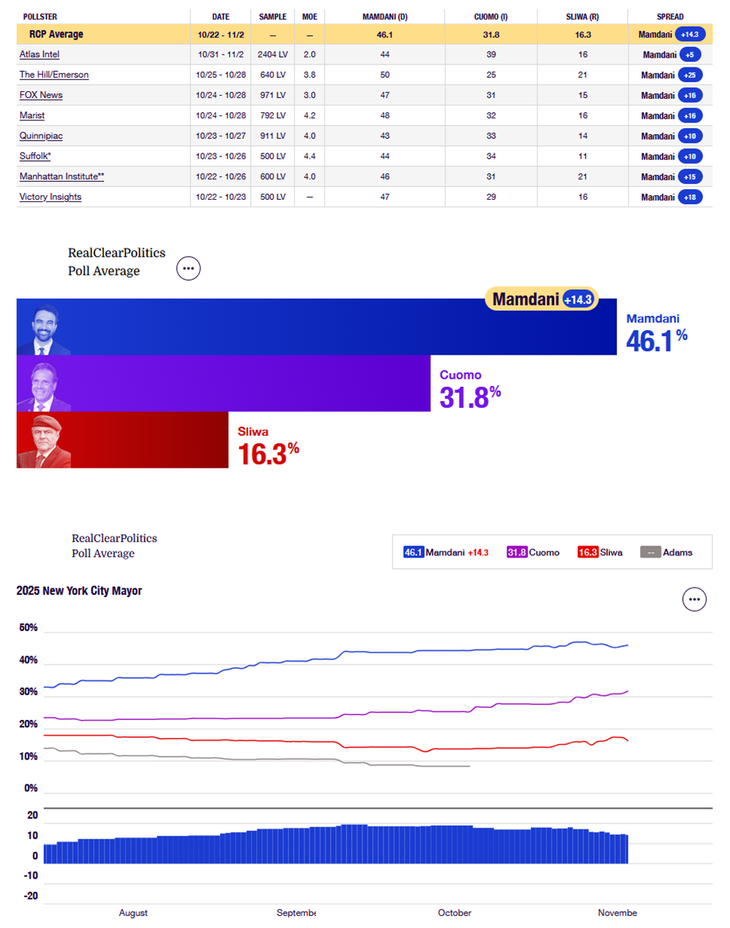 Desde que ganó las primarias, las encuestas siempre colocaron a Mamdani en primer lugar y por una amplísima diferencia Desde que ganó las primarias, las encuestas siempre colocaron a Mamdani en primer lugar y por una amplísima diferencia
