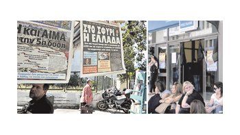ámbito.com | Los titulares de los diarios griegos fueron ayer «Grecia en venta» y «Tierra y sangre por otro préstamo» (izquierda). Empleados del correo protestaron en Atenas contra la posible privatización (derecha).